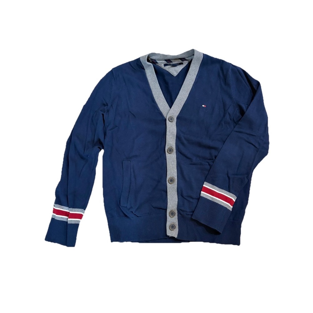 Tommy Hilfiger Cardigan Sweater Men L Navy Blue Cotton V-Neck Grandpa Preppy